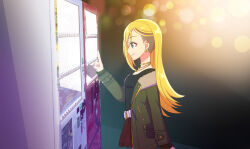  1girl belt black_shirt blonde_hair brown_skirt closed_mouth commentary_request ear_piercing earrings eyelashes fujimoto_rina fur-trimmed_jacket fur_trim gold_necklace green_jacket idolmaster idolmaster_cinderella_girls index_finger_raised jacket jewelry lens_flare long_hair necklace open_clothes open_jacket piercing rio_(usagiya) shirt skirt smile solo undercut vending_machine violet_eyes white_belt 
