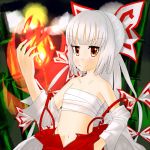  feathers fire fujiwara_no_mokou hair_ribbon hand_in_pocket hara_kuro_jakku navel orange_eyes ponytail ribbon sarashi touhou undressing 