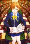  blazer book brown_hair chair cup fisheye glasses godou_tsugumi green_eyes hair_ornament hairclip library plaid plaid_skirt pleated_skirt reading school_uniform short_hair skirt tartan teacup tokimeki_memorial tokimeki_memorial_4 yorimitsu 