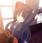  bass_guitar black_hair blue_eyes blush guitar_pick instrument k-on! kamo_(rsrk) long_hair mouth_hold plectrum school_uniform solo stretch sunbeam sunlight 