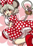  basket bloomers cosplay disney eeyasu gloves grey_hair minnie_mouse minnie_mouse_(cosplay) mouse mouse_ears mouse_tail nazrin polka_dot red_eyes short_hair solo tail touhou 