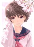  brown_hair cherry_blossoms close-up face flower idolmaster kikuchi_makoto nekopuchi school_uniform serafuku short_hair smile solo spring_(season) 