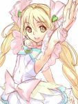  1girl blonde_hair brown_eyes dodai_shouji heart long_hair open_mouth outstretched_arm simple_background sketch sleeveless smile solo white_background 