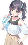  1girl bangs bare_shoulders black_choker black_eyes black_hair black_tank_top brown_skirt bubble_tea choker commentary_request cowboy_shot cup disposable_cup drinking_straw eyebrows_visible_through_hair hair_ribbon hand_on_hip hand_up high-waist_skirt highres holding holding_cup iced_tea long_hair namikishiho off-shoulder_shirt off_shoulder open_mouth original ribbon shirt short_sleeves simple_background skirt solo standing tank_top twintails white_background white_shirt 