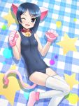  bell bell_collar blue_eyes blue_hair blush breasts cat_ears cat_paws collar fujimiya_yuu gloves hair_ornament hairclip idolmaster idolmaster_dearly_stars jingle_bell mizutani_eri one-piece_swimsuit paw_gloves paws short_hair solo swimsuit tail thigh-highs thighhighs wink 