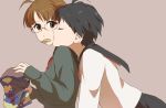  6066 akizuki_ritsuko bad_id black_hair brown_eyes brown_hair closed_eyes glasses idolmaster kikuchi_makoto mouth_hold multiple_girls open_mouth potato_chips school_uniform serafuku short_hair yuri 