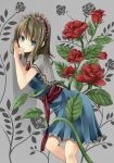  alice_margatroid blonde_hair blue_dress blue_eyes capelet colored_eyelashes dress eyelashes flower hairband highres leaning_forward rose short_hair solo thorns touhou unasaka_ryou 