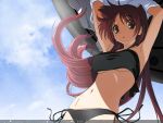  bikini breasts kousaka_tamaki long_hair no_bra red_hair redhead shade shirt_lift solo swimsuit to_heart_2 under_boob underboob wallpaper yellow_eyes 