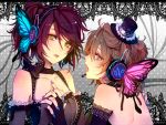  bare_back bare_shoulders brown_hair butterfly_hair_ornament dress elbow_gloves gloves hair_ornament hand_holding hat headset holding_hands magnet_(vocaloid) nail_polish purple_hair ria short_hair vocaloid yellow_eyes yuri 