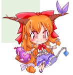  blush_stickers chain chains chibi gourd grin hair_ribbon horns ibuki_suika long_hair orange_hair pink_eyes ribbon smile teiou_netsuaimaru touhou very_long_hair 