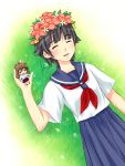  black_eyes black_hair brown_hair chibi closed_eyes flower grass hair_flower hair_ornament head_wreath kiyama_harumi long_hair lying minigirl on_back piku school_uniform serafuku short_hair skirt to_aru_kagaku_no_railgun to_aru_majutsu_no_index uiharu_kazari 