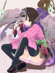  black_hair bridal_gauntlets brown_hair fox_mask gauntlets japanese_clothes kimono knife mask panties pantyshot pantyshot_sitting scarf sekaiju_no_meikyuu sekaiju_no_meikyuu_3 shinobi_(sekaiju) short_hair sitting solo subachi thigh-highs thighhighs underwear weapon yellow_eyes 