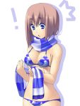  /\/\/\ 1girl ac_(eshi) bad_id bare_shoulders bikini blue_eyes breasts brown_hair eshi open_mouth original scarf short_hair sideboob simple_background solo striped striped_scarf surprised swimsuit white_background 