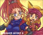  bespectacled cape chamoro dragon_quest dragon_quest_vi elbow_gloves forehead glasses gloves hat high_ponytail long_hair open_mouth pokapamazu ponytail purple_eyes red_hair redhead smile tears violet_eyes 