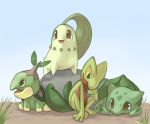  bulbasaur chikorita grass nature no_humans pokemon pokemon_(creature) pokemon_(game) pokemon_dppt pokemon_gsc pokemon_rgby pokemon_rse purplekecleon rock simple_background sky treecko turtwig 