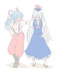  abekawa blush boots bow cosplay costume_switch dress embarrassed friends fujiwara_no_mokou fujiwara_no_mokou_(cosplay) hair_bow hand_on_hip hand_on_shoulder hat kamishirasawa_keine kamishirasawa_keine_(cosplay) long_hair multiple_girls silver_hair suspenders touhou 