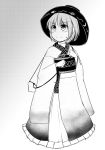  &gt;:) 1girl bag blush bowl_hat ganmaganmo gradient gradient_background japanese_clothes kimono looking_up minigirl monochrome short_hair shoulder_bag sketch smile solo sukuna_shinmyoumaru sweatdrop touhou 