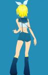  back bare_shoulders blonde_hair bow hair_bow highres kagamine_rin leg_warmers meso3 short_hair shorts solo suspenders vocaloid 