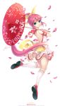  arm_ribbon bare_back bow dress easy_(easycrew) frills garters hair_ribbon hana highres kneehighs lee_byung_hee long_hair looking_back open-back_dress oriental_umbrella pangya parasol petals pink_hair ponytail ribbon simple_background solo umbrella very_long_hair 