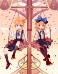  angel_wings bad_id blonde_hair blue_eyes bow flower hair_bow hair_ribbon hand_holding holding_hands kagamine_len kagamine_rin petals ribbon scale scales short_hair siblings sitting smile twins vocaloid wings 