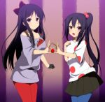  akiyama_mio blue_legwear food fruit heart heart_hands heart_hands_duo holding holding_fruit k-on! kyoku_tou listen!! multiple_girls nakano_azusa pantyhose polka_dot red_legwear skirt strawberry 