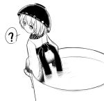  1girl ? bowl_hat cup from_behind ganmaganmo japanese_clothes kimono looking_at_viewer minigirl monochrome obi sash short_hair sketch smile solo spoken_question_mark sukuna_shinmyoumaru teacup touhou 