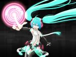  bad_id blue_eyes blue_hair bridal_gauntlets glowing hatsune_miku hatsune_miku_(append) kuinji_51go long_hair miku_append navel necktie panties pointing spring_onion striped striped_panties twintails underwear unzipped very_long_hair vocaloid vocaloid_append 
