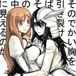  arrancar background_text black_hair bleach blush breasts espada genderswap green_eyes grey_eyes hair_ornament hairpin inoue_orihime large_breasts long_hair lowres mask multiple_girls nervous obo open_mouth orange_hair pale_skin shy skull ulquiorra_cifer white_skin 