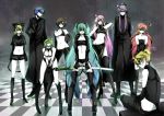  animal_hat aqua_hair blonde_hair blue_hair boots breasts brown_hair butt_crack checkered checkered_floor cleavage coat elbow_gloves everyone garters gloves goggles green_hair gumi hat hatsune_miku kagamine_len kagamine_rin kaito kamui_gakupo katana legs lineup long_hair megurine_luka meiko midriff miki_(vocaloid) mound_of_venus navel omaru pale_skin pink_hair red_hair redhead sf-a2_miki short_hair shorts skirt smile sunglasses sword thigh-highs thighhighs twintails very_long_hair vocaloid weapon 