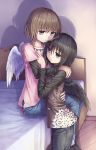  2girls bed black_wings feathered_wings hug multiple_girls white_wings wings yuri yuyuzuki_(yume_usagi) 