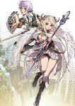  aoin armor blonde_hair boots brown_eyes demon_girl fantasy gauntlets horns pauldrons purple_hair shield staff sword weapon wings 