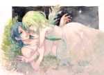  2girls angel_wings bare_shoulders christa_renz colored_pencil_(medium) dress freckles hand_on_another&#039;s_face kotakota15 looking_at_another lying multiple_girls profile shingeki_no_kyojin short_hair touching traditional_media watercolor_(medium) white_dress wings ymir_(shingeki_no_kyojin) yuri 