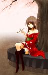  boots breasts brown_hair cherry_blossoms cleavage crossed_legs hair_ornament hairpin highres japanese_clothes kimono kiseru legs_crossed long_hair nail_polish off_shoulder original pipe red_eyes sitting smoking solo thighhighs tree yasagure_yukito 
