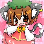  animal_ears annyui blush brown_eyes brown_hair cat_ears cat_tail chen chibi earrings hat jewelry multiple_tails tail touhou 