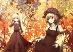  2girls aki_minoriko aki_shizuha autumn dress dress_hold eruza grapes hair_ornament hat leaf plant siblings sisters touhou 