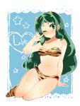  blush boots breasts eyeshadow green_eyes green_hair horns long_hair lum naka_marimo navel swimsuit tiger_print urusei_yatsura 