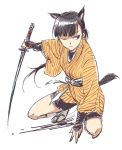  animal_ears bangs black_hair blunt_bangs extra_ears ponytail sakamoto_mio sandals sketch solo squatting strike_witches sword tail weapon wink 