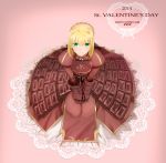  1girl 2014 adapted_costume ahoge armor armored_dress blonde_hair chocolate chocolate_clothes fate/stay_night fate_(series) gauntlets green_eyes heart juliet_sleeves long_sleeves looking_at_viewer looking_up puffy_sleeves saber shirotsumekusa sitting smile solo valentine 