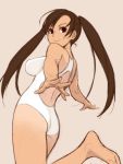  barefoot brown_eyes brown_hair feet foreshortening hands impossible_clothes impossible_swimsuit ino kousaka_rino long_hair one-piece_swimsuit otome_function simple_background sketch swimsuit twintails 