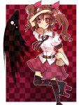  belt cross-laced_footwear error geta himekaidou_hatate long_hair mouth_hold red_eyes ringetsumon single_wing tengu-geta thigh-highs thighhighs touhou twintails wings 