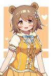  1girl animal_ears bangs bear_ears bear_hair_ornament blush breasts brown_eyes brown_hair flower fur_trim hair_between_eyes hair_flower hair_ornament heart idolmaster idolmaster_cinderella_girls korean_commentary looking_at_viewer medium_breasts mg_pong mimura_kanako short_hair short_sleeves simple_background skirt solo two-tone_background upper_body yellow_skirt 