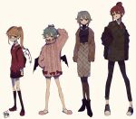  4girls alternate_costume alternate_hairstyle arm_up artist_logo ascot bag bat_wings belt black_footwear black_legwear blonde_hair boots bow braid brown_coat brown_jacket brown_legwear brown_skirt buckle coat collared_shirt commentary_request crystal flandre_scarlet full_body green_ribbon hair_bun hair_ribbon highres hong_meiling izayoi_sakuya jacket jewelry kneehighs light_blue_hair looking_at_viewer mary_janes medium_hair multiple_girls necklace one_eye_closed one_side_up pantyhose pink_sweater pointy_ears red_bow red_eyes red_footwear red_sweater redhead remilia_scarlet ribbon shirt shoes short_hair siblings side_ponytail sidelocks silver_hair simple_background sisters skirt slippers smile sneakers socks sokura_(mochichitose) standing sweater tied_hair touhou tress_ribbon twin_braids white_background white_legwear white_shirt wing_collar wings yellow_ascot 