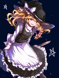  1girl apron black_headwear black_skirt black_vest blonde_hair braid broom broom_riding dark_background feet_out_of_frame frilled_apron frilled_hat frilled_skirt frills hat hat_ribbon highres kirisame_marisa leaning_forward long_hair long_sleeves looking_at_viewer open_mouth ribbon shirt single_braid skirt solo star_(symbol) tamiku_(shisyamo609) touhou vest waist_apron white_apron white_ribbon white_shirt witch_hat yellow_eyes 