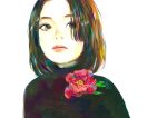  1girl absurdres acrylic_paint_(medium) bangs brown_eyes brown_hair flower highres junjunforever lips looking_to_the_side multicolored_eyes multicolored_hair original painting_(medium) parted_bangs portrait short_hair solo traditional_media turtleneck white_background 