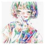  1girl bangs colorful highres looking_at_viewer open_mouth original short_hair signature simple_background sleeves_past_wrists smile solo tears tmari traditional_media white_background 