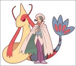  1boy cloak closed_mouth collarbone commentary_request full_body green_eyes green_hair grey_footwear hand_up hat jaho long_sleeves male_focus milotic one_eye_closed pants pokemon pokemon_(game) pokemon_rse purple_pants shirt shoes short_hair sideways_glance simple_background smile standing wallace_(pokemon) white_background white_cloak white_headwear 