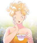  1girl backlighting bare_arms bare_shoulders blonde_hair blurry blurry_background breasts closed_eyes collarbone cup curly_hair dragon_ball dragon_ball_z drink earrings eyelashes facing_viewer fingernails hair_strand hand_on_own_cheek hand_on_own_face hand_up highres holding holding_cup jewelry lado_(rado) laughing lips medium_breasts mrs._briefs pearl_earrings red_lips short_hair solo strapless striped tea teacup teeth tube_top upper_body upper_teeth 