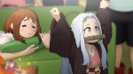  -2girls :&gt; =_= arms_up bamboo bit_gag black_shorts blurry blurry_background blurry_foreground blush_stickers boku_no_hero_academia brown_eyes brown_hair candy checkered_obi child commentary cosplay couch english_commentary eri_(boku_no_hero_academia) food gag greatm8 hands_up highres holding holding_pillow horns japanese_clothes kamado_nezuko kamado_nezuko_(cosplay) kimetsu_no_yaiba kimono long_hair looking_at_another looking_up lying medium_hair midoriya_izuku on_stomach photoshop_(medium) pillow pink_kimono red_eyes red_footwear shirt shoes short_hair shorts sidelocks silver_hair single_horn sneakers source_filmmaker_(medium) sparkle uraraka_ochako white_shirt 