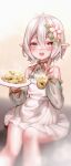  1girl absurdres apron bare_shoulders blush feeding flower food hair_between_eyes hair_flower hair_ornament highres incoming_food jewelry kokkoro_(princess_connect!) looking_at_viewer millet_(milletneko) necklace open_mouth orange_eyes pointy_ears pov princess_connect! rice short_hair silver_hair solo spoon white_background 