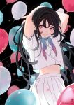  &gt;:) 1girl arms_behind_head arms_up backlighting balloon bangs black_hair blue_neckerchief blush c: closed_mouth clothes_lift confetti cowboy_shot floating_hair hair_between_eyes half-closed_eye highres himaro limited_palette long_hair looking_at_viewer looking_to_the_side midriff_peek neckerchief original pink_eyes pleated_skirt purple_neckerchief raised_eyebrow school_uniform serafuku shirt shirt_lift short_sleeves signature skirt smile solo standing starry_sky_print swept_bangs symbol-only_commentary upshirt v v-shaped_eyebrows very_long_hair white_shirt white_skirt 